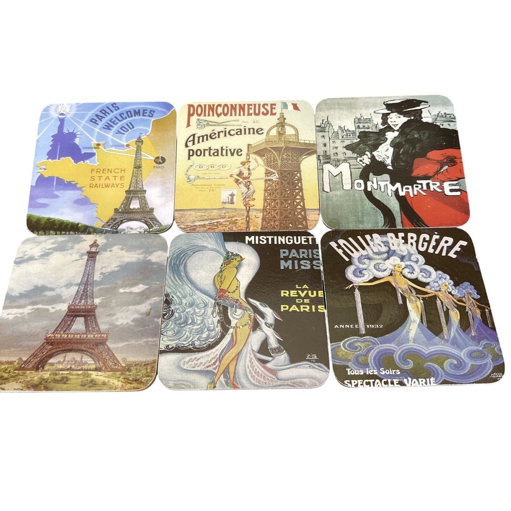 Vintage French Paris Art Deco Travel Poster Cork Coasters Set of 6‎ Eiffel Tower